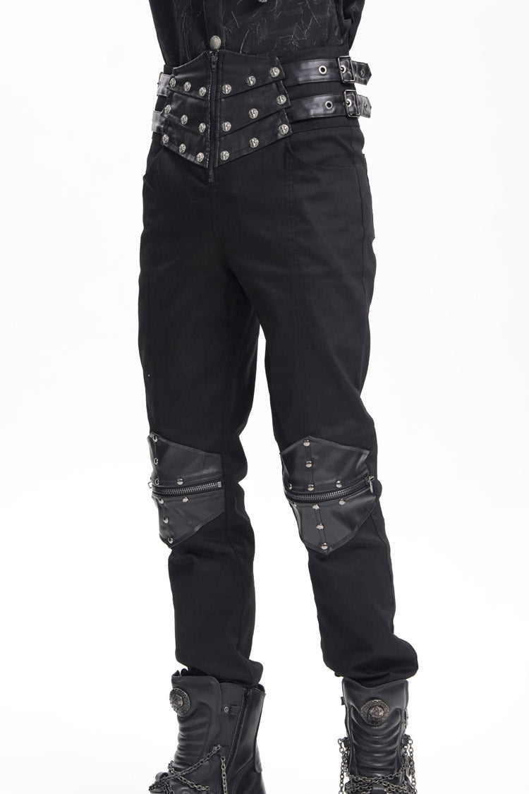 Black Stitching Buckle-up Studs Men's Gothic Pants - Product - 8