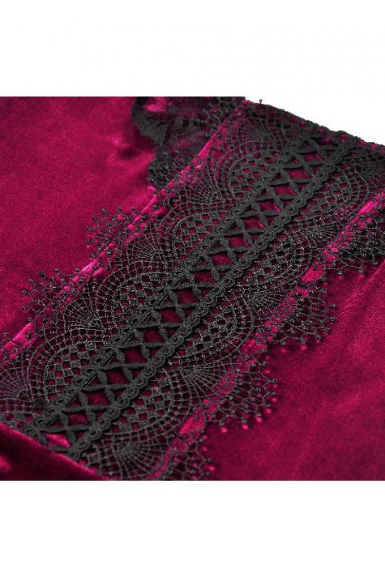 Wine Red Square Collar Short Puff Sleeves Velvet Patchwork Lace Lace-Up Women's Gothic Dress - Product - 12