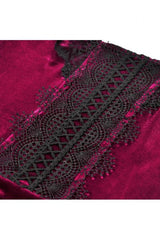 Wine Red Square Collar Short Puff Sleeves Velvet Patchwork Lace Lace-Up Women's Gothic Dress - Product - 12