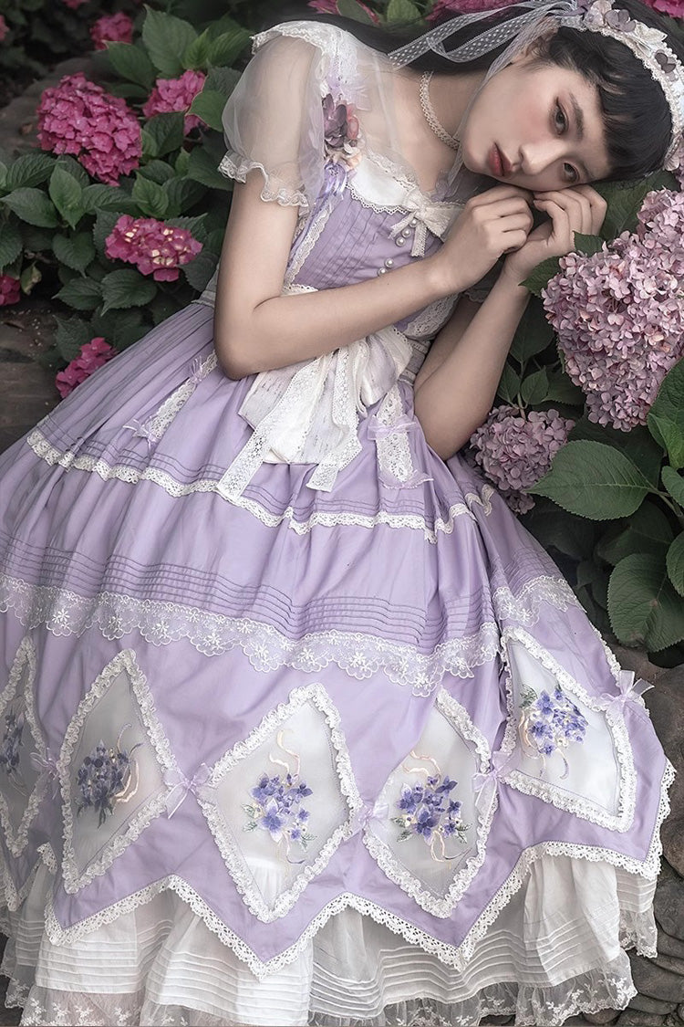 Purple Print Ruffle Embroidery Bowknot Classic Vintage Lolita Dress - Product - 3