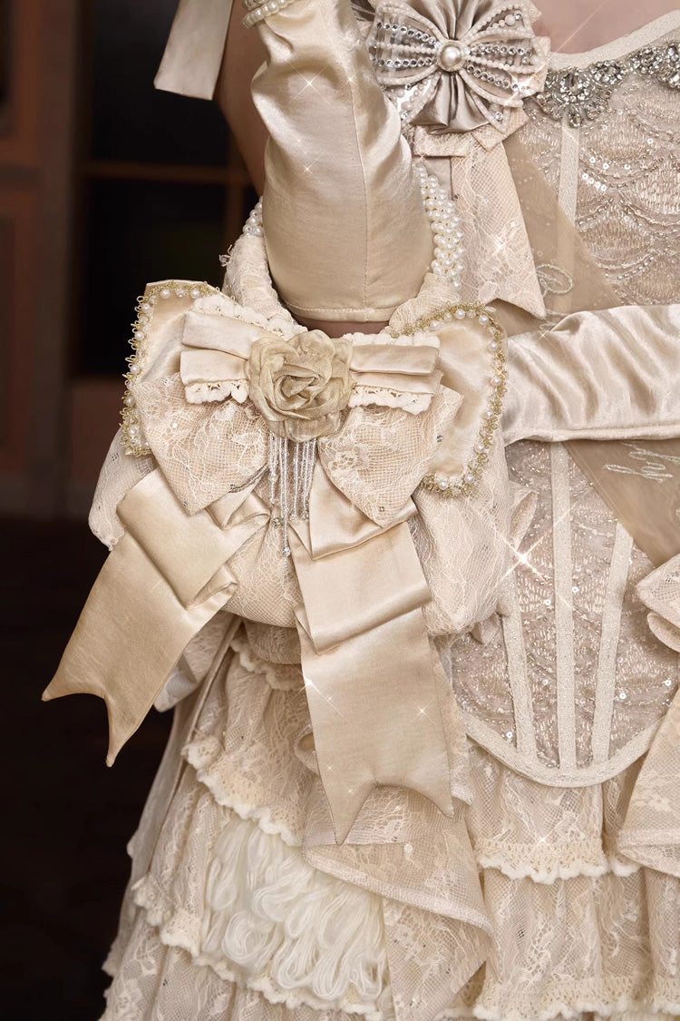 Champagne Satin Gilded 3D Bow Pearl-Decorated Sweet Lolita Handbag - Product - 2