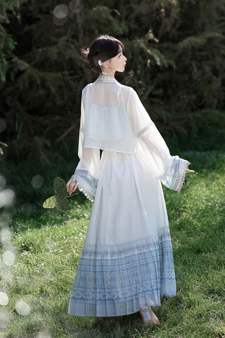 White/Blue [Moon-Reflecting Bell] Long Sleeves High Waisted Printed Women's Classic Hanfu Set - Product - 8