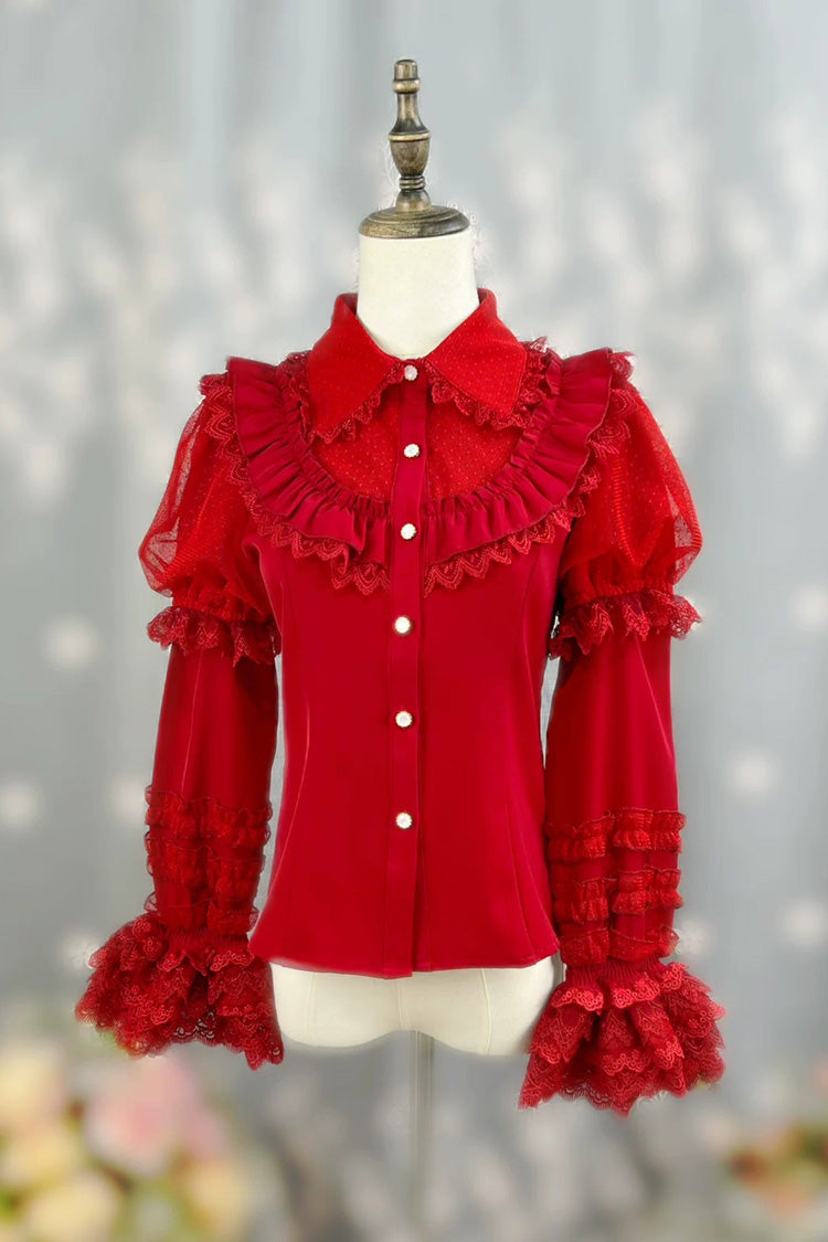 [Four Seasons Encounter] Lapel Collar Detachable Long Sleeves Ruffled Lace Slim Fit Classic Lolita Blouse 4 Colors - Red - 1