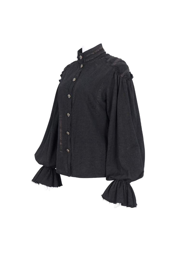 Black Stand Collar Lantern Sleeves Print Lace Women's Punk Blouse - Product - 7