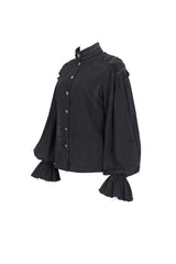 Black Stand Collar Lantern Sleeves Print Lace Women's Punk Blouse - Product - 7