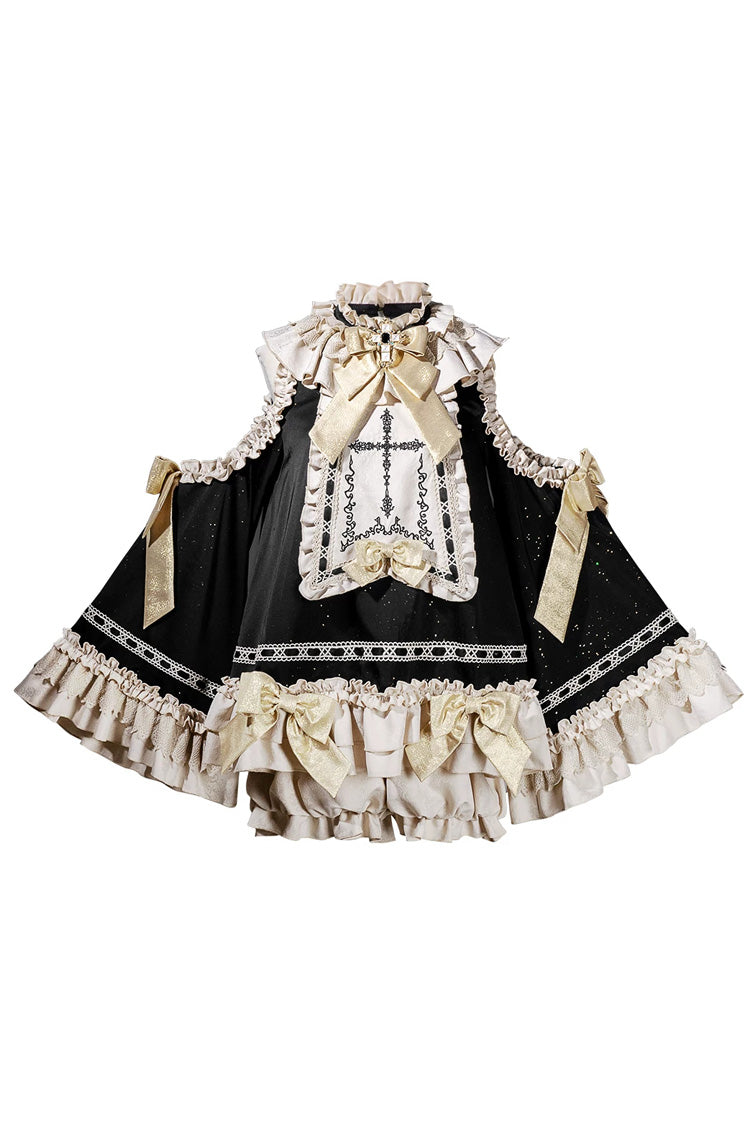 Black/Gold [Saint Child of the Cross] Round Collar Off Shoulder Long Trumpet Sleeves Ruffled Bow Gothic College Style Ouji Lolita Set - Product - 3