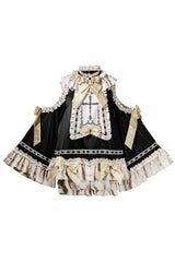 Black/Gold [Saint Child of the Cross] Round Collar Off Shoulder Long Trumpet Sleeves Ruffled Bow Gothic College Style Ouji Lolita Set - Product - 3