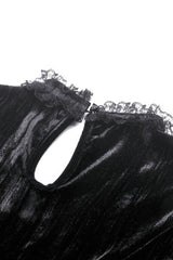 Black Women's Gothic Cross Lace Ruffled Stand Collar Long Flared Sleeves Lace-Up Velvet Dress - Product - 16