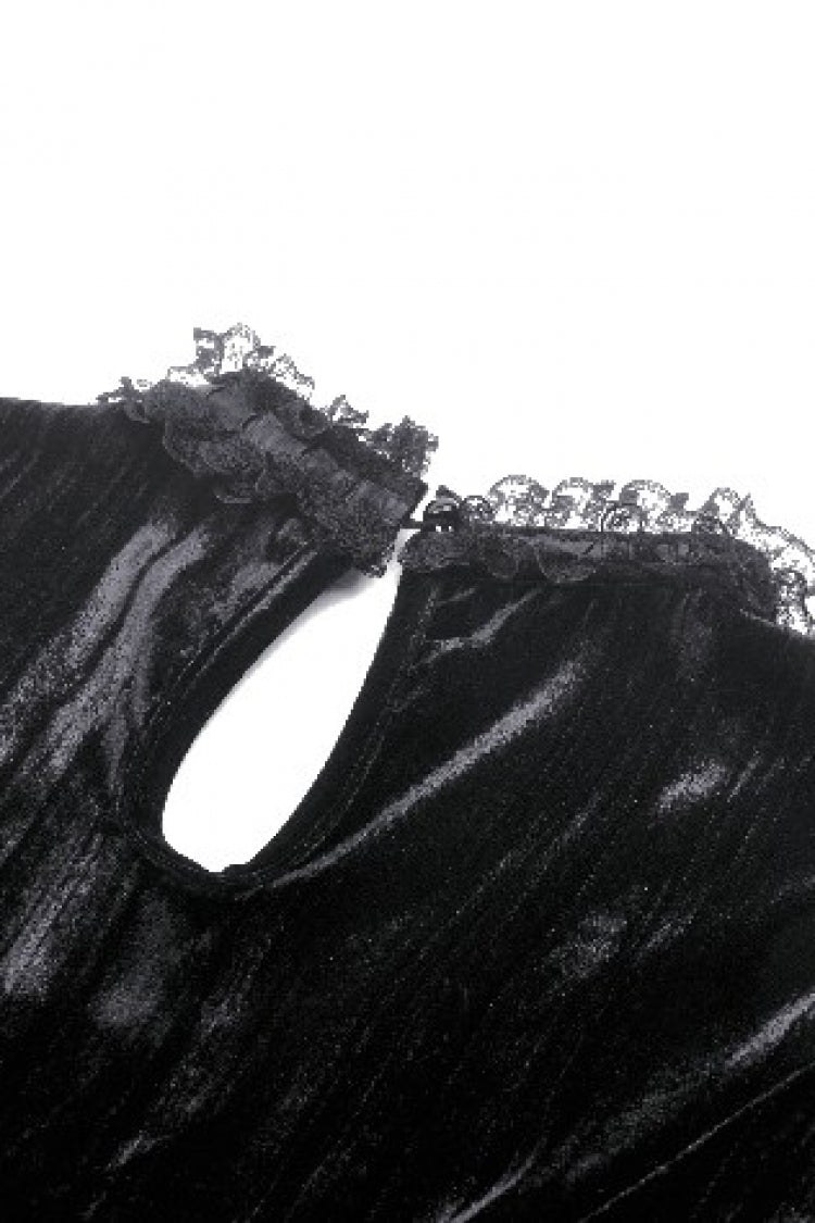 Black Women's Gothic Cross Lace Ruffled Stand Collar Long Flared Sleeves Lace-Up Velvet Dress - Product - 16