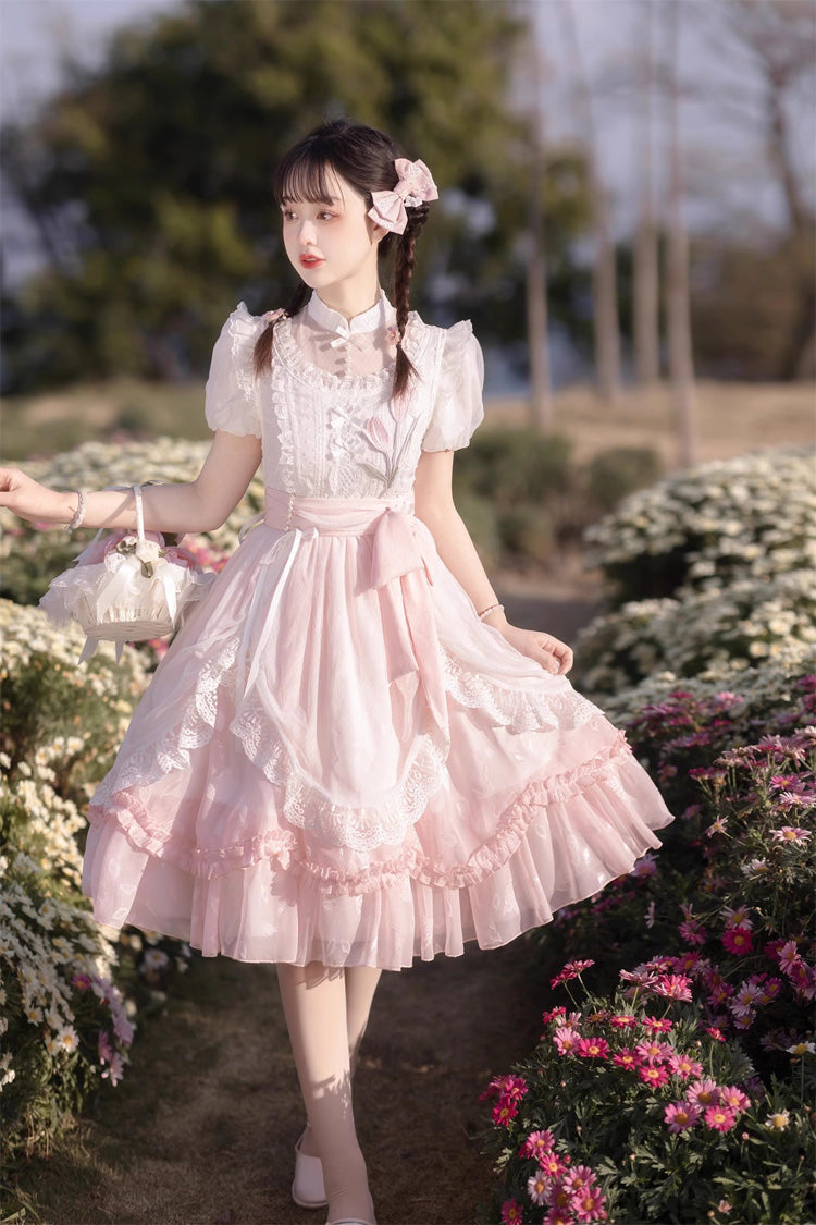 Pink Round Collar Short Sleeves Lace Ruffle Bowknot Sweet Princess Lolita Dress - Product - 5