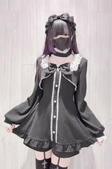 Black [Twilight Prelude] Long Sleeves Ruffled Bow Lace Jirai Kei Japanese Dress and Shorts Set - Product - 4