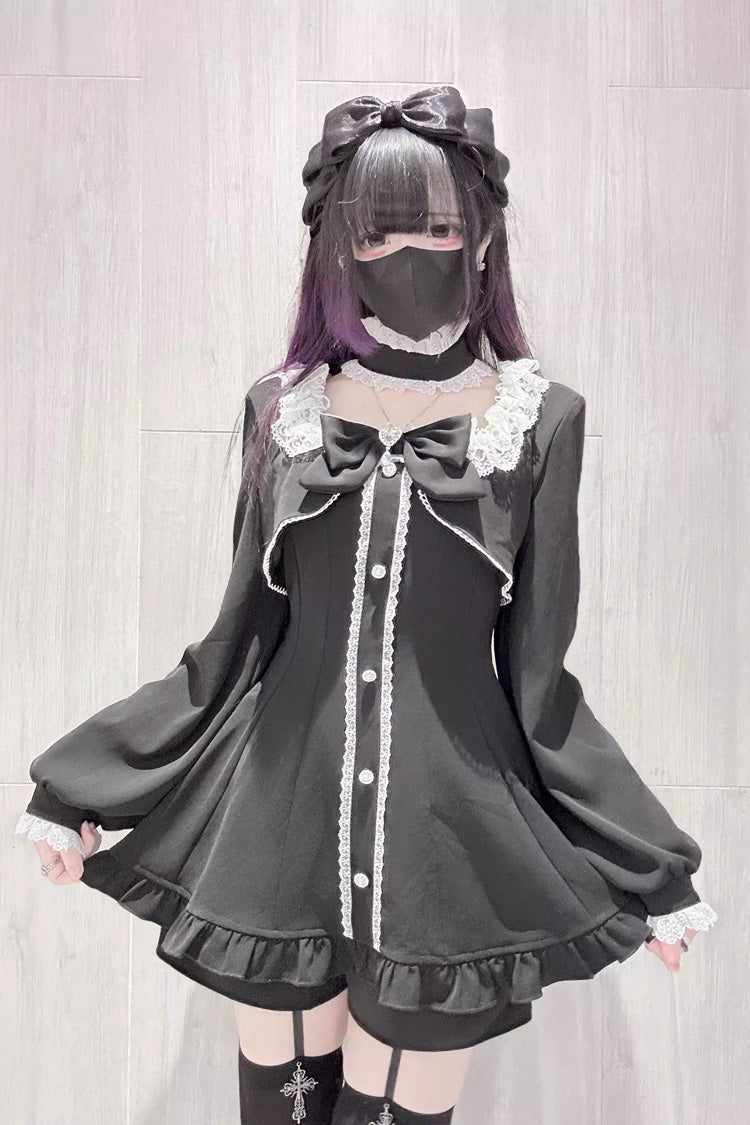 Black [Twilight Prelude] Long Sleeves Ruffled Bow Lace Jirai Kei Japanese Dress and Shorts Set - Product - 4