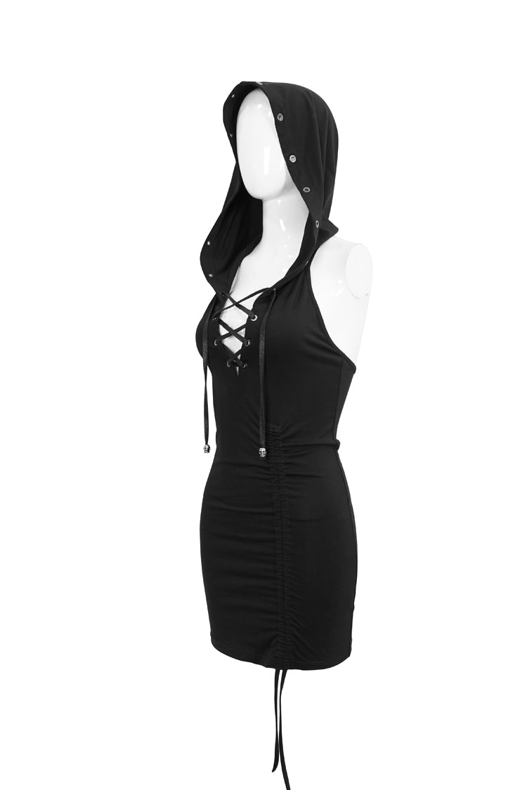 Black Cross Straps Backless Hooded Sleeveless Hip Wrap Women's Punk Dress - Product - 7