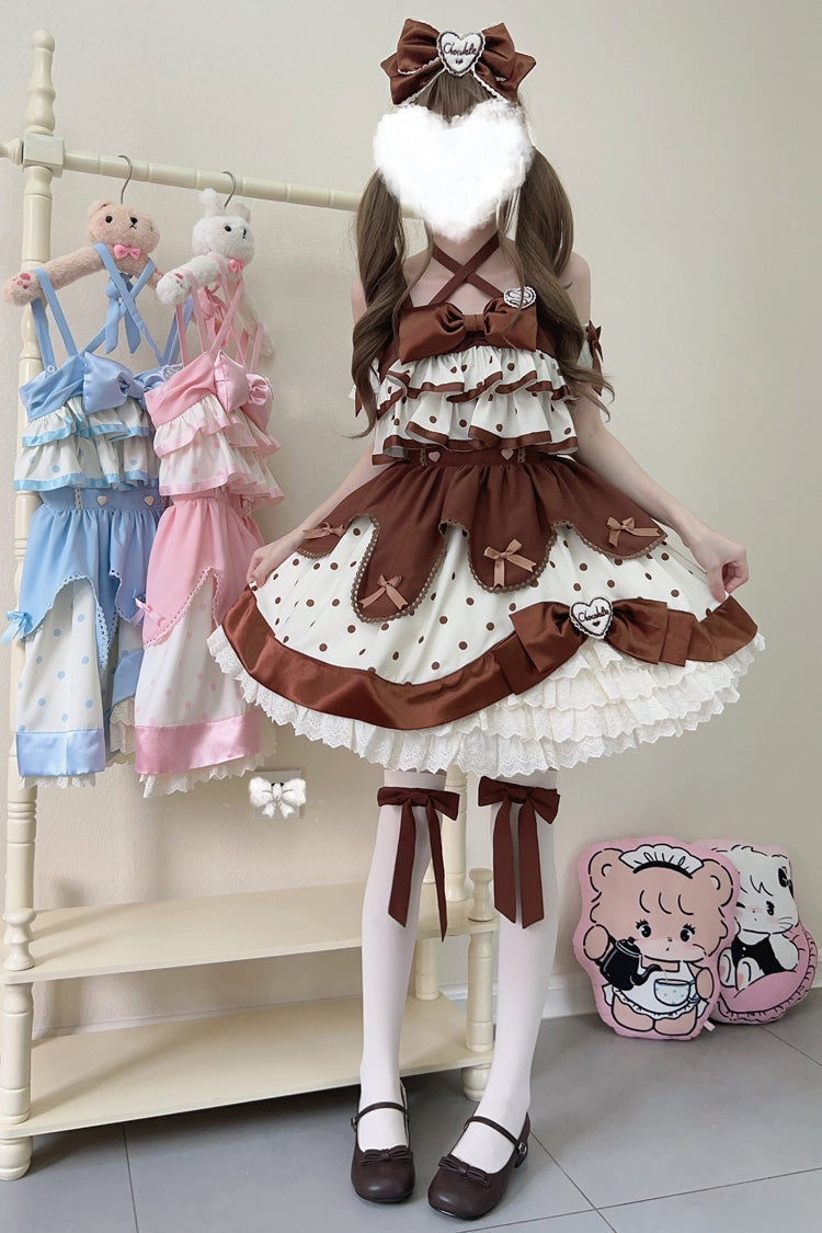 Chocolate Brown Cream Multi-Layered Polka Dots Print Ruffle Bowknot Sweet (Dress Only) detail view 5