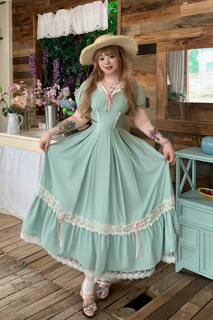 Green V Collar Short Sleeves Ruffled Lace Sweet Plus Size Lolita Dress - Green - 1