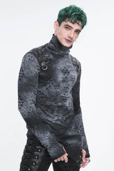Grey/Black Lrregular Ripped Stand Collar Men's Punk Shirt - Product - 3