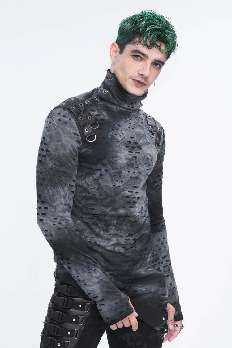 Grey/Black Lrregular Ripped Stand Collar Men's Punk Shirt - Product - 3
