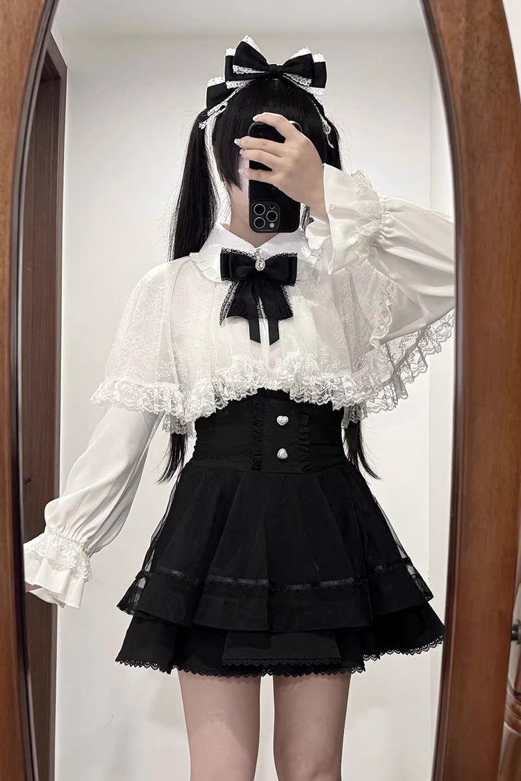 [Law of Disorder] Lapel Collar Long Sleeves Bow Lace Sweet Jirai Kei Skirt and Top 3 Colors - Skirt(Black) - 1