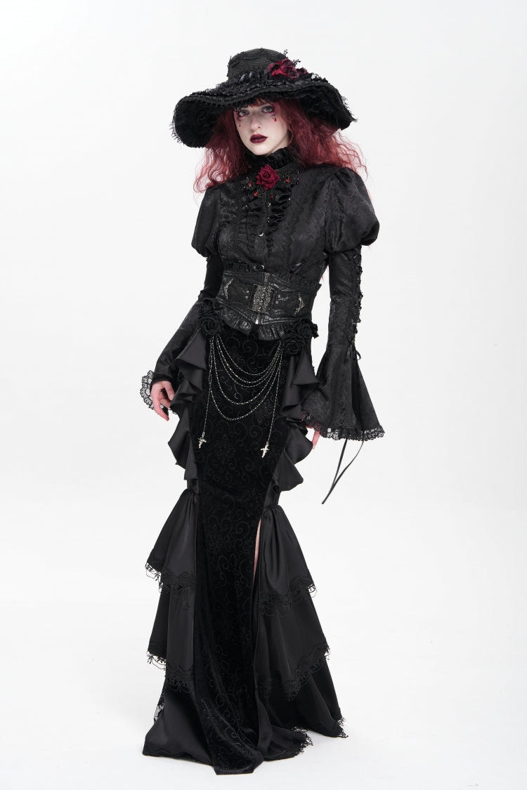 Black Floral Print Lace-Up Rose Chain Women's Gothic Fishtail Skirt - Product - 10