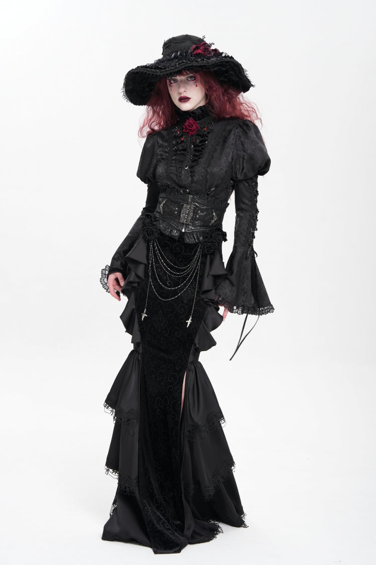 Black Floral Print Lace-Up Rose Chain Women's Gothic Fishtail Skirt - Product - 10