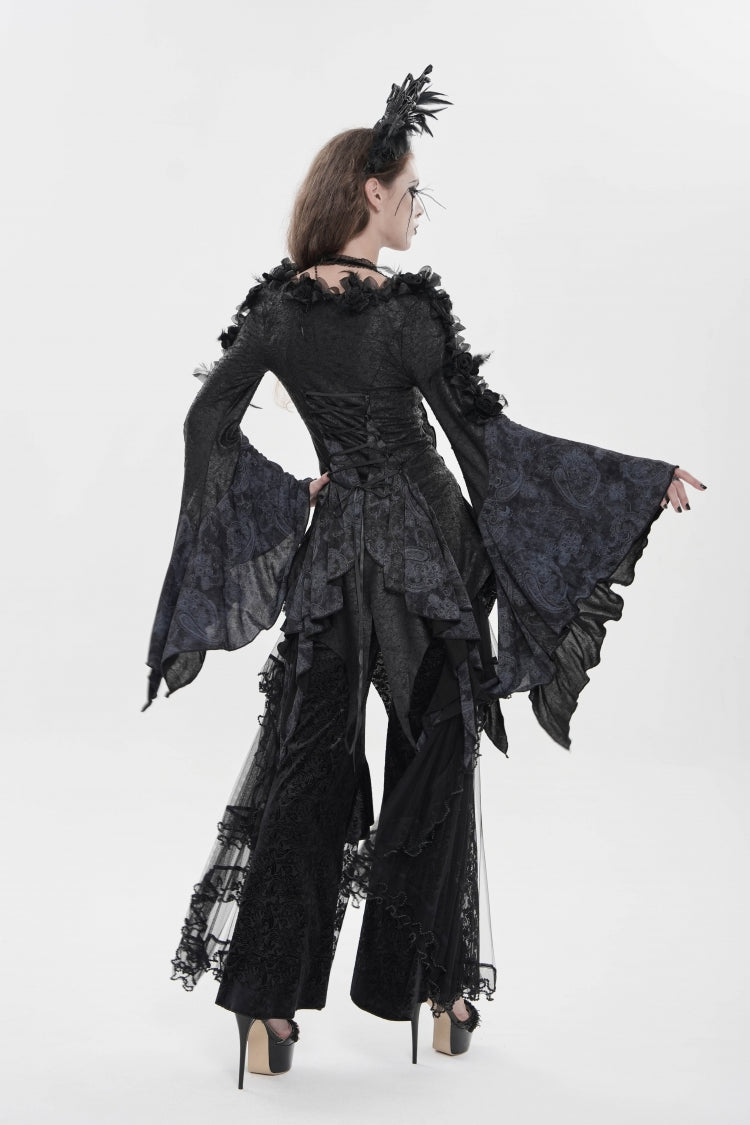 Black V Collar Long Trumpet Sleeves Printed Slim Women's Gothic Rose Feather Gorgeous Blouse - Product - 4