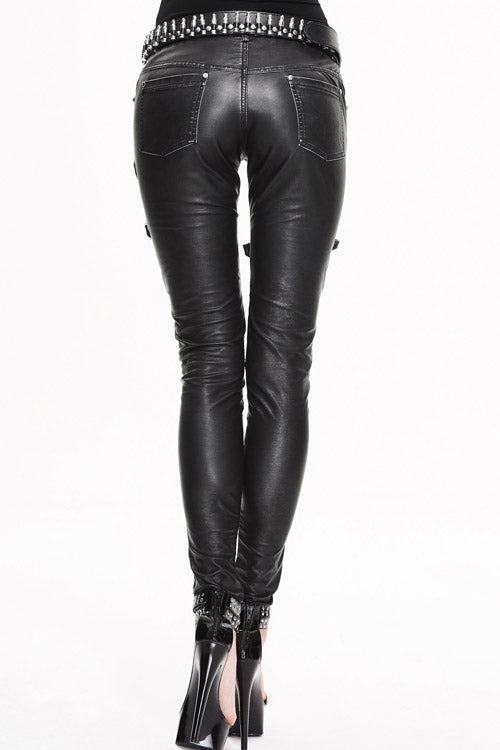 Black Punk Multi Loops Silver Zipper Hand Rubbed Leather Womens Pants - Product - 6