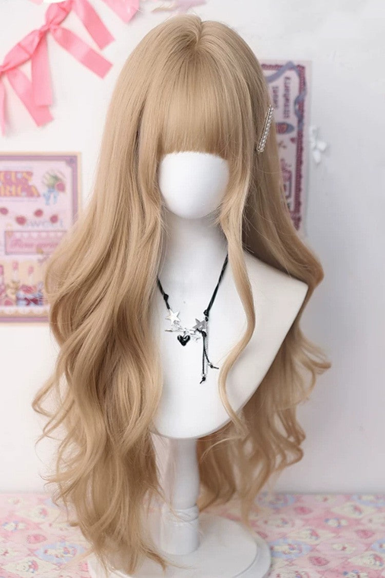 Flaxen Light Golden Straight Bangs Long Big Wave Sweet Lolita Wig - Product - 2