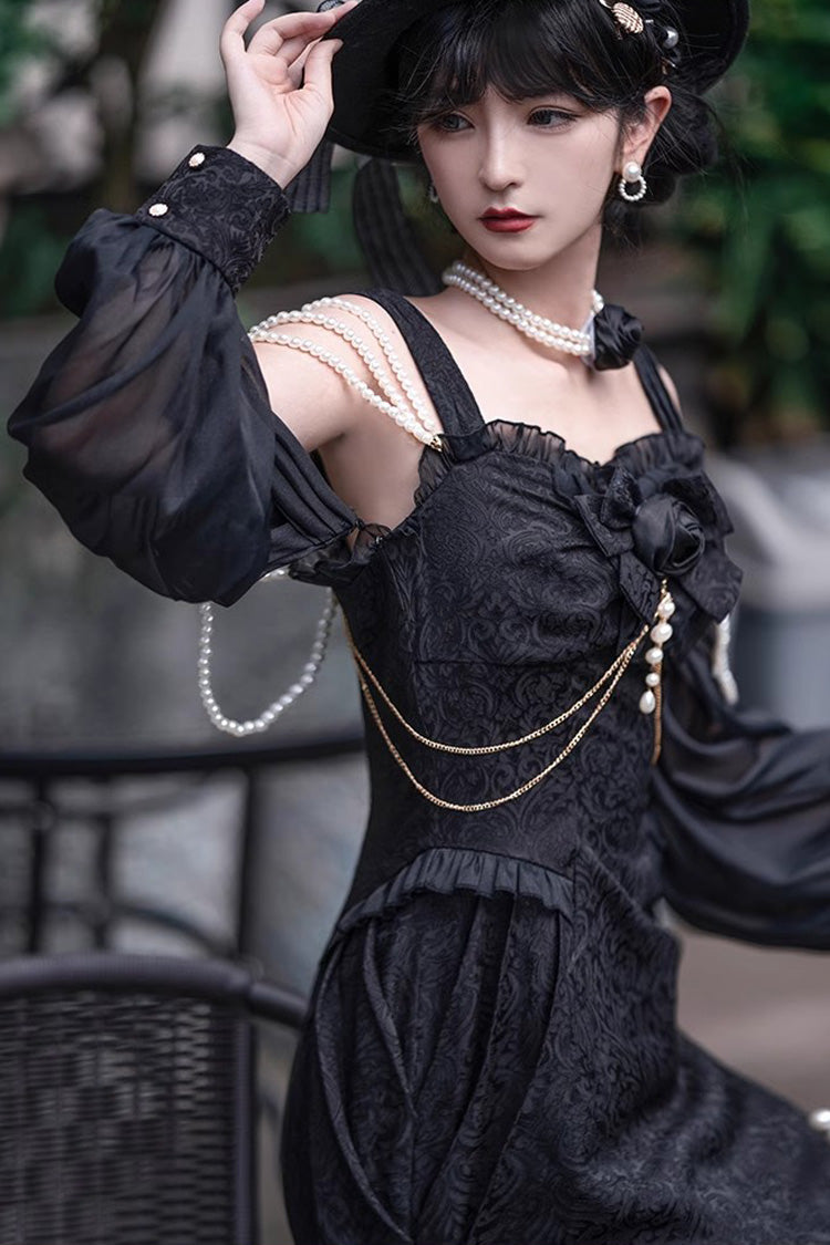 Black [Camellia 1.0] Sleeveless Jacquard Ruffle Lace Gothic Chinese Style Lolita Jsk Fishtail Dress - Product - 7