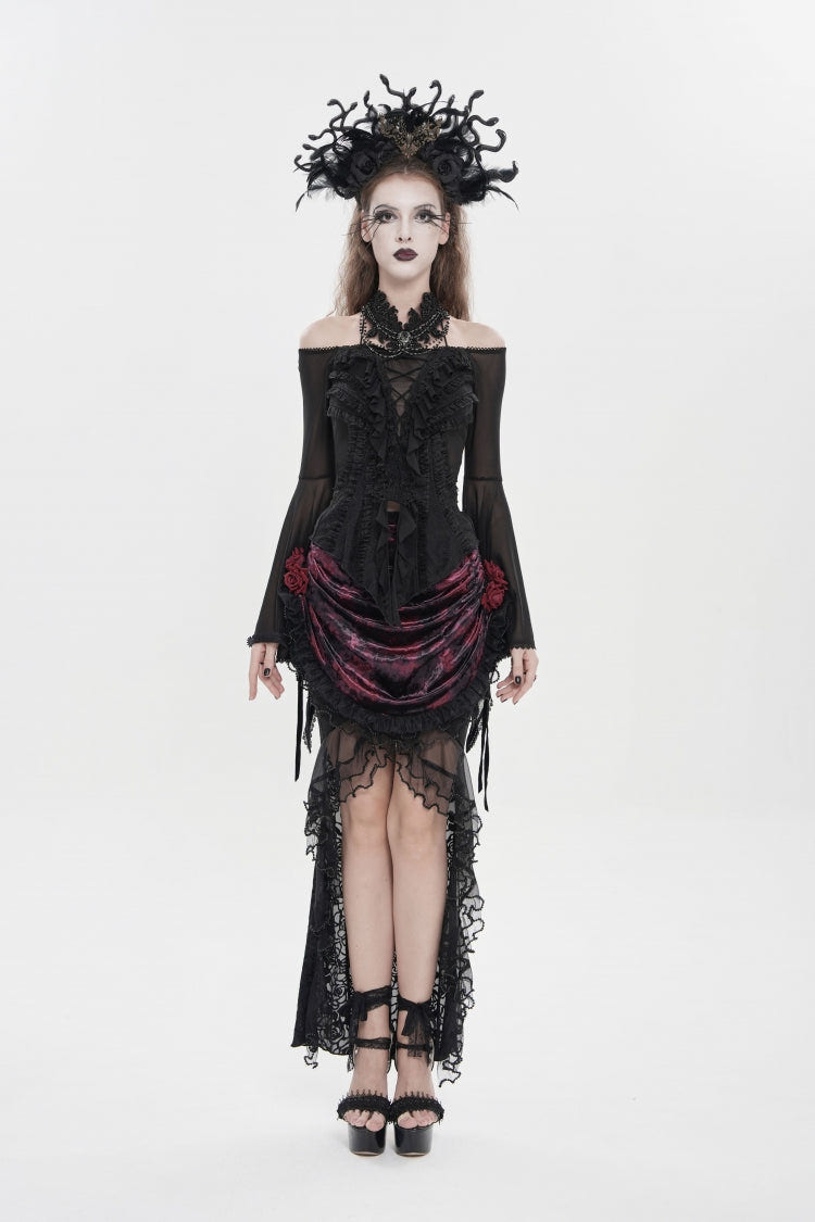 Black Off Shoulder Long Trumpet Sleeves Ruffled Embroidered Lace-Up Women's Gothic Blouse - Product - 6