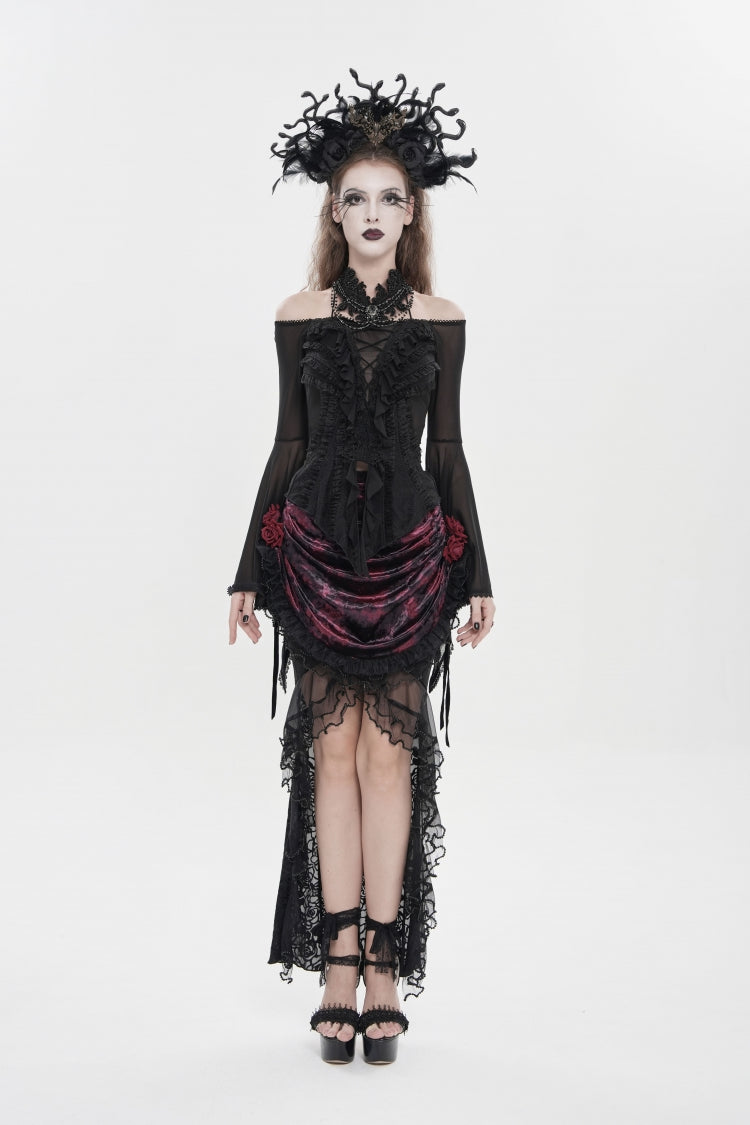 Black Off Shoulder Long Trumpet Sleeves Ruffled Embroidered Lace-Up Women's Gothic Blouse - Product - 6