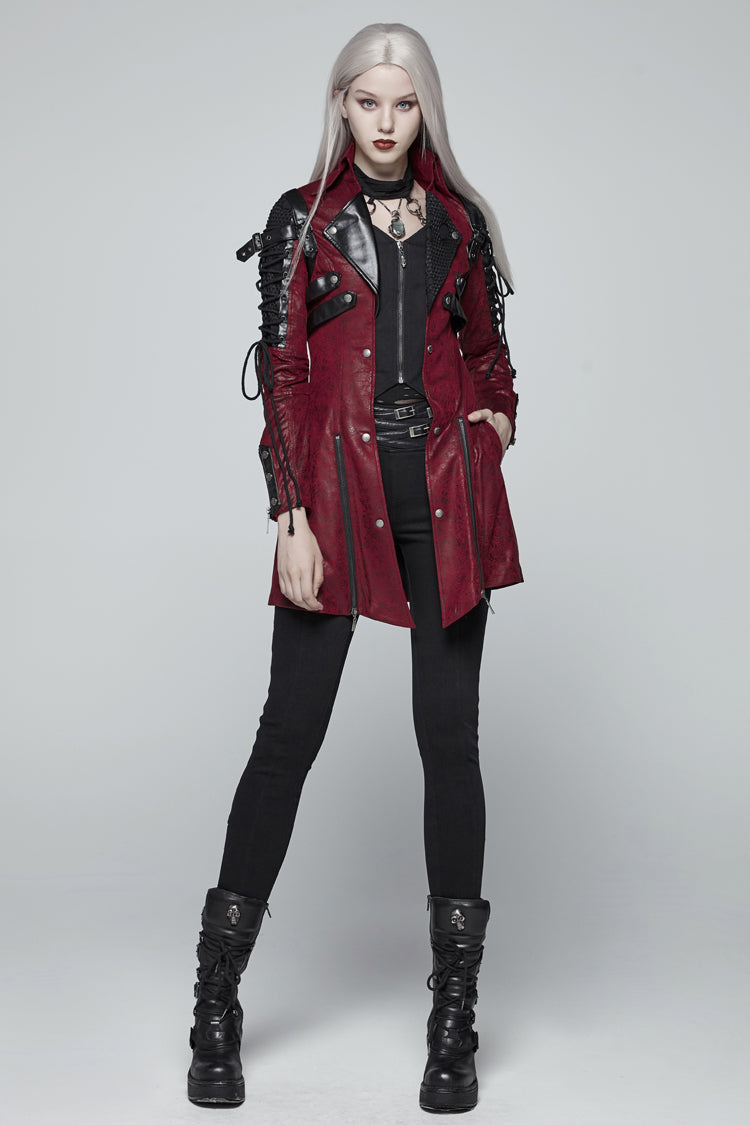 Red Metal Buckle Decoration Zipper Womens Steampunk Windbreaker Coat - Product - 4
