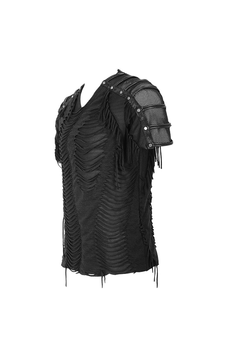 Black Tattered Striped Shoulder Splice Mesh Short Sleeve Men's Punk T-Shirt - Product - 7