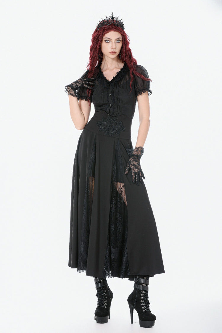 Black High Waisted Floral Printed Lace Mesh Women's Gothic Elegant Long Skirt - Product - 7