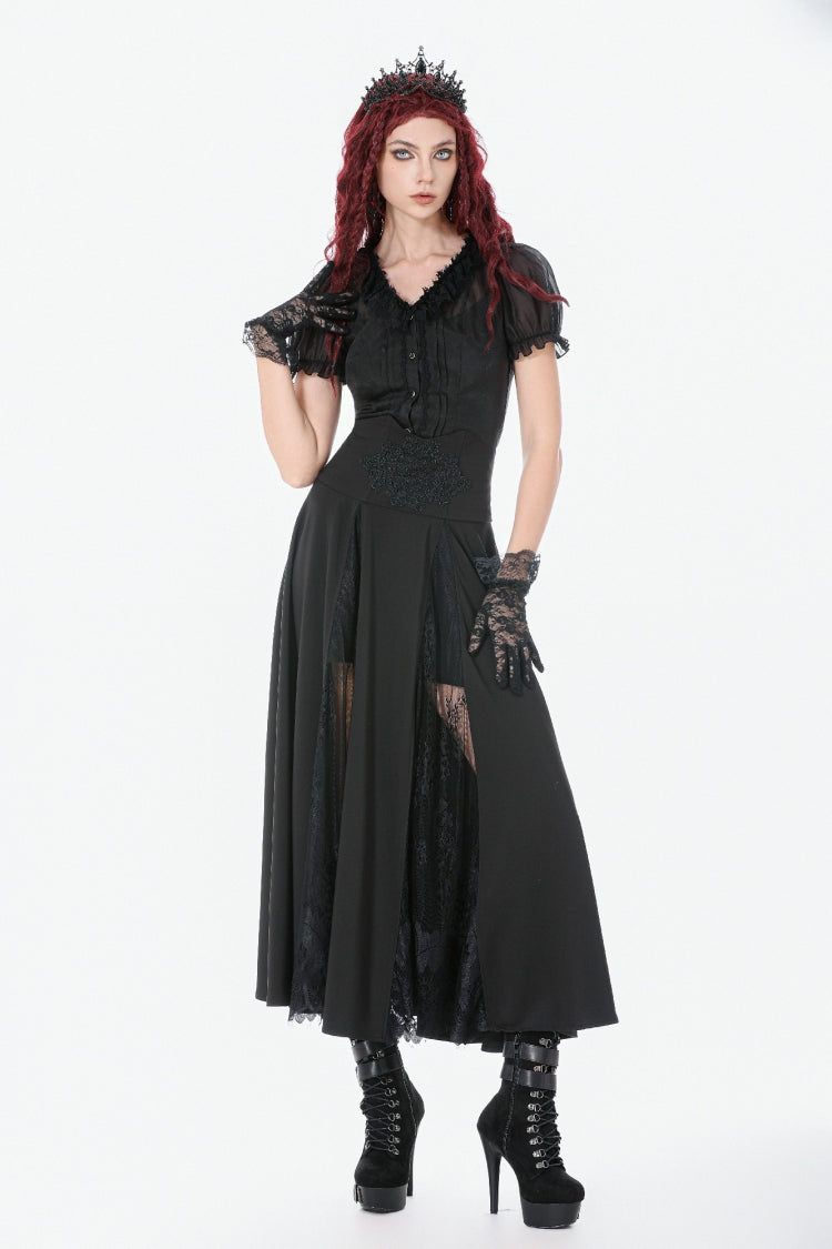 Black High Waisted Floral Printed Lace Mesh Women's Gothic Elegant Long Skirt - Product - 7