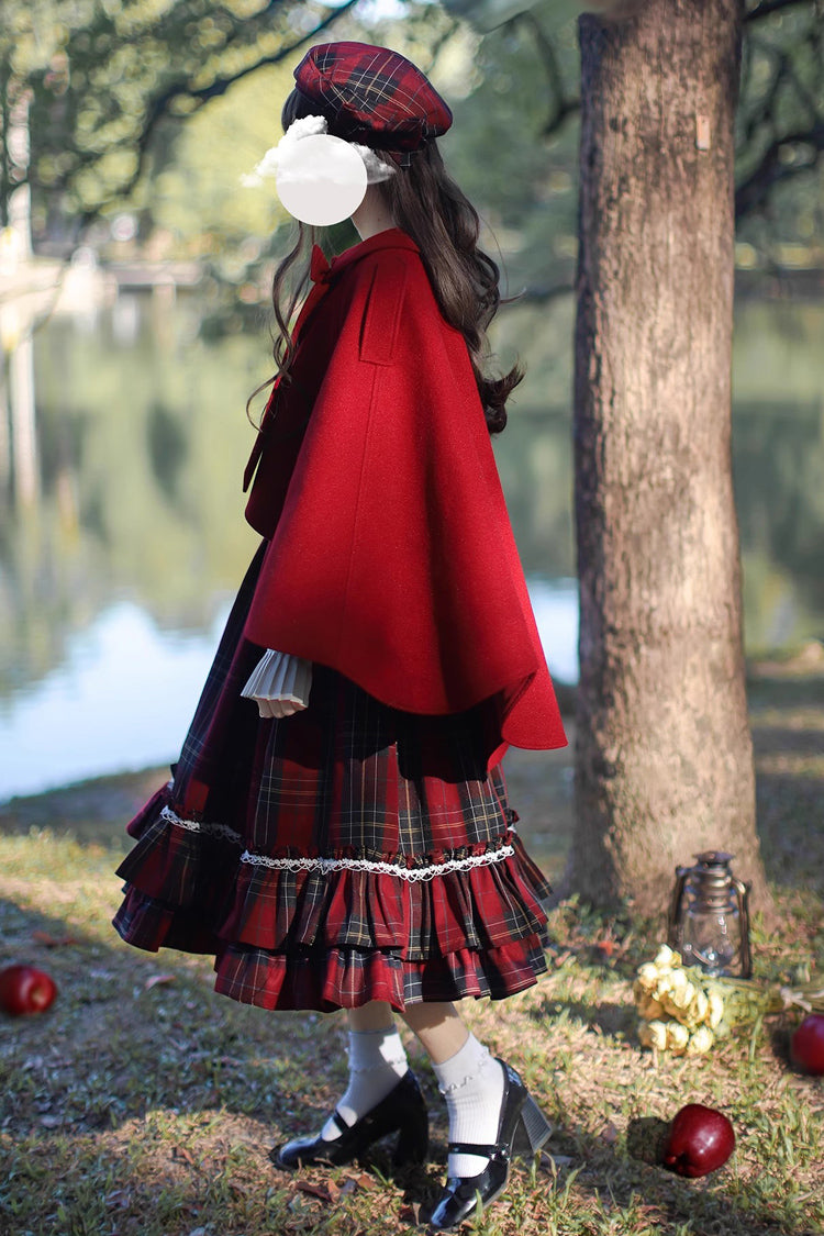 Red [Little Red Riding Hood] Double-Layered Plaid Print Ruffle Bowknot Sweet Vintage Lolita Jumper Dress - Product - 4