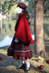 Red [Little Red Riding Hood] Double-Layered Plaid Print Ruffle Bowknot Sweet Vintage Lolita Jumper Dress - Product - 4