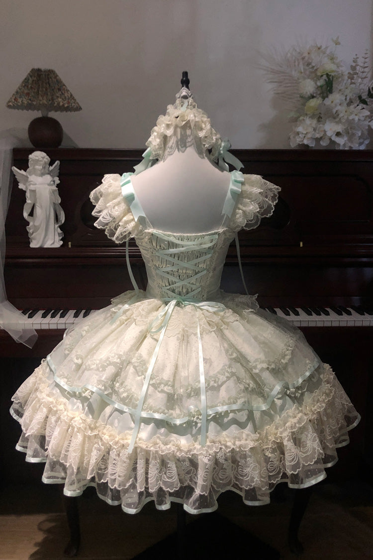 Light Green [Dreaming Butterfly] Multi-Layered Jacquard Ruffle Bowknot Lace Sweet Princess Lolita Jsk Dress - Product - 8