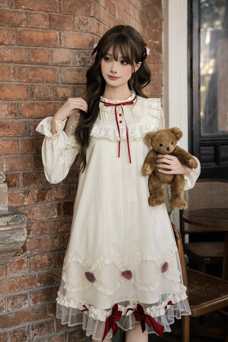 Elfenbein-Erdbeer-Creme-Kuchen-Stehkragen, lange Ärmel, gerüschte Schleife, Spitze, süß (Kleid einzeln), Detailansicht 14