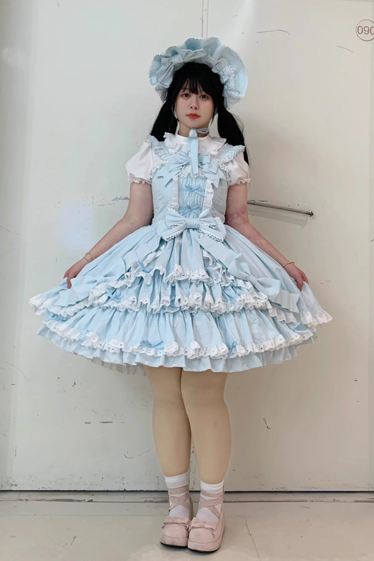 [Grisha] Sleeveless Triple-Layered Ruffle Cardigan Bowknot Lace Sweet Plus Size Lolita Jsk Dress 3 Colors - Product - 14