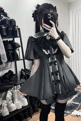 [Black Veil Pact] Short Sleeves Printed Ruffled Bow Gothic Jirai Kei Japanese Dress Shorts Set 2 Colors - Grey - 9
