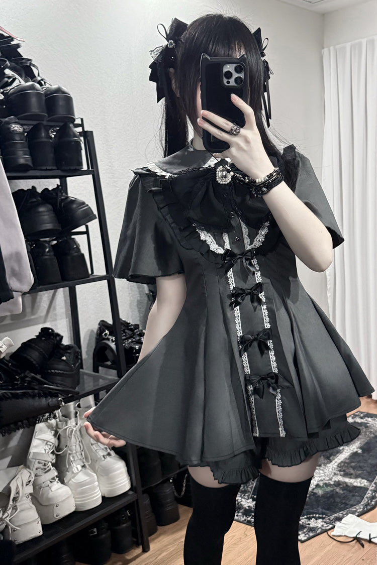 [Black Veil Pact] Short Sleeves Printed Ruffled Bow Gothic Jirai Kei Japanese Dress Shorts Set 2 Colors - Grey - 9
