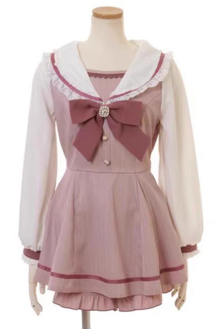 Jirai Kei Long Sleeves Bowknot Lace Sweet Dress Set 3 Colors - Pink - 4