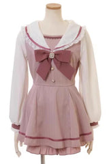 Jirai Kei Long Sleeves Bowknot Lace Sweet Dress Set 3 Colors - Pink - 4