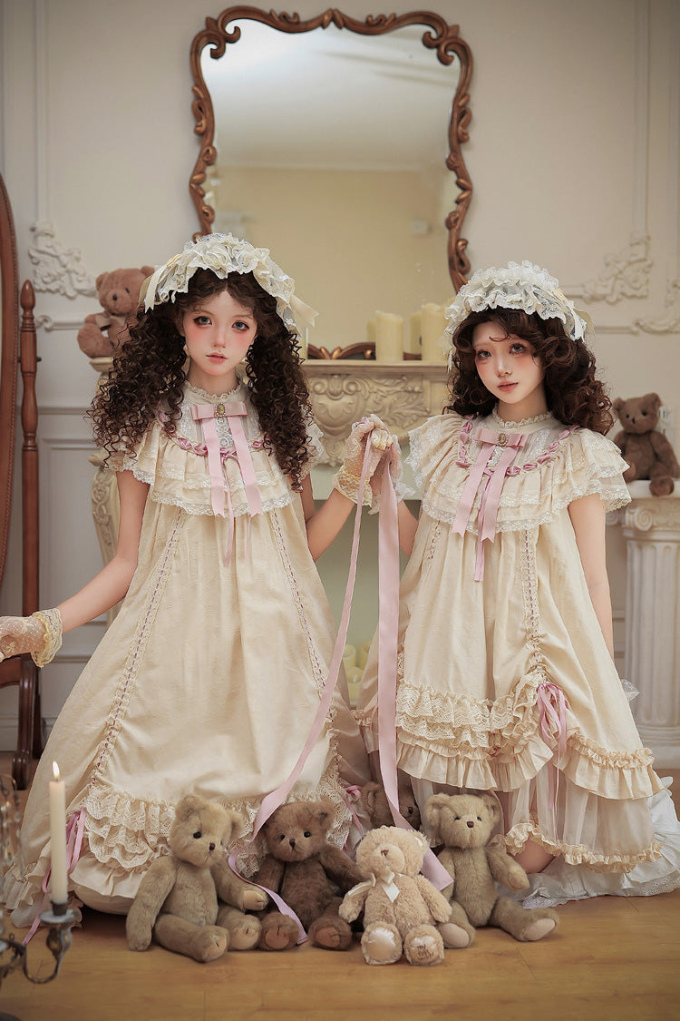 Apricot [Lily's Dream] Stand Collar Short Sleeves Loose-Fit Doll-Like Multi-Layered Ruffled Bow Lace Sweet Lolita Dress 2 Versions - Product - 8