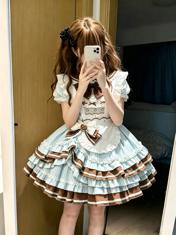 Blue and Brown Ruffled Striped Maid Lolita Dress Set with Apron Accent - view 3