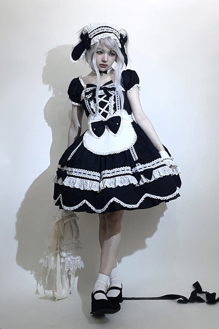 Black [Petal Bunny] Cotton Square Collar Short Sleeves Double-Layered Ruffled Bow Lace Lace-Up Sweet Lolita Dress - Product - 4
