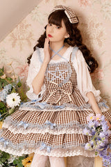 Brown Plaid Print Lace Layered Ruffled High Waist Sweet Lolita JSK Dress - Product - 3