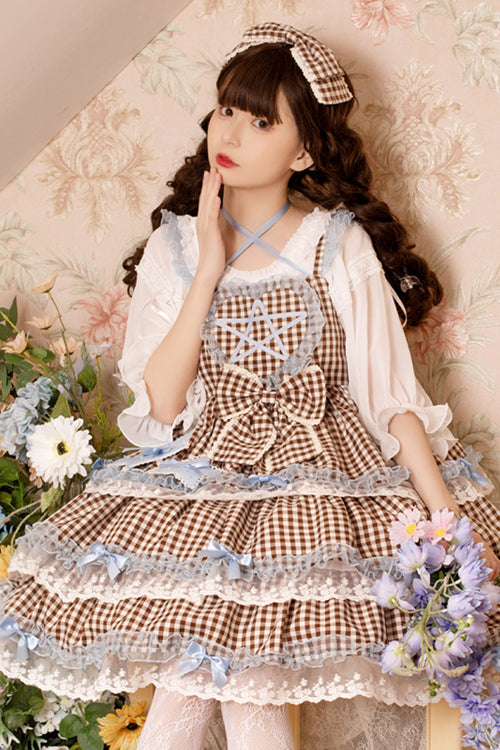 Brown Plaid Print Lace Layered Ruffled High Waist Sweet Lolita JSK Dress - Product - 3