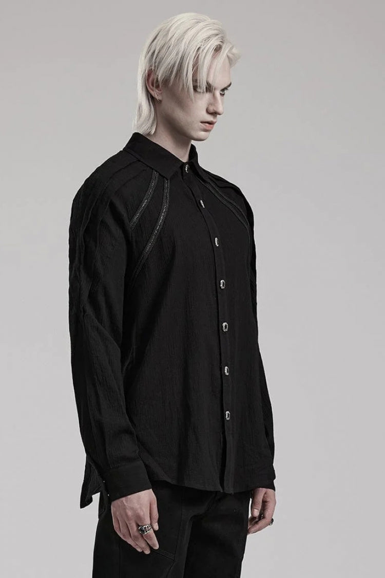 Black Lapel Collar Long Sleeves Metal Buttons Webbing Decoration Mens Gothic Blouse - Product - 2