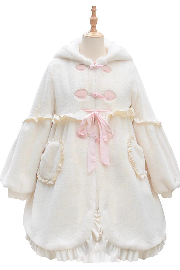 Ivory Long Ears Rabbit Ruffle Bowknot Hooded Daily Sweet Lolita Coat - Product - 3